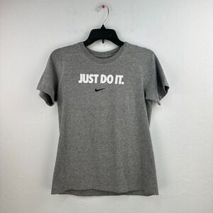 Nike shirt Women L Gray‎ White Just Do It Short Sleeve Tee Heather Crew Neck